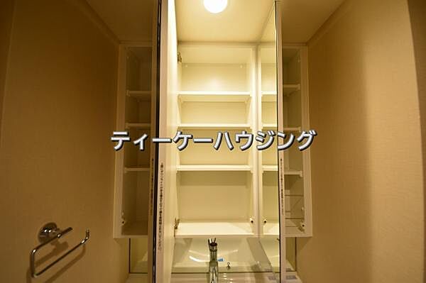 三面鏡の裏には収納がたっぷり。洗面室をすっきりきれいに使えます。