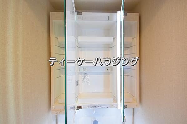 三面鏡の裏には収納がたっぷり。洗面室をすっきりきれいに使えます。