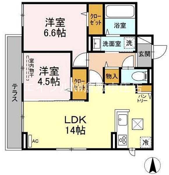 岡山県倉敷市阿知2丁目(賃貸アパート2LDK・1階・58.81㎡)の写真 その2