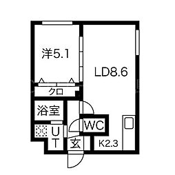 パインハート中の島 1階1LDKの間取り