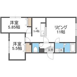 札幌市豊平区月寒東一条2丁目マンション 2LDKの間取図画像