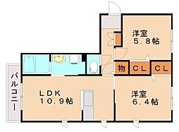 三洋タウン飯塚A 2階2LDKの間取り