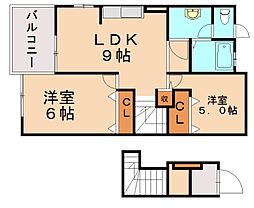 JR筑豊本線 新飯塚駅 3.8kmの賃貸アパート 2階2LDKの間取り