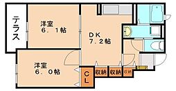 JR筑豊本線 浦田駅 徒歩14分の賃貸アパート 1階2DKの間取り