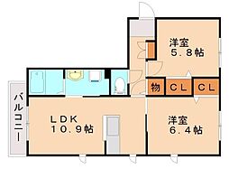 三洋タウン飯塚A 2LDKの間取図画像