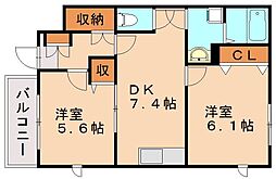 ペティットパレスヨコタ 2DKの間取図画像