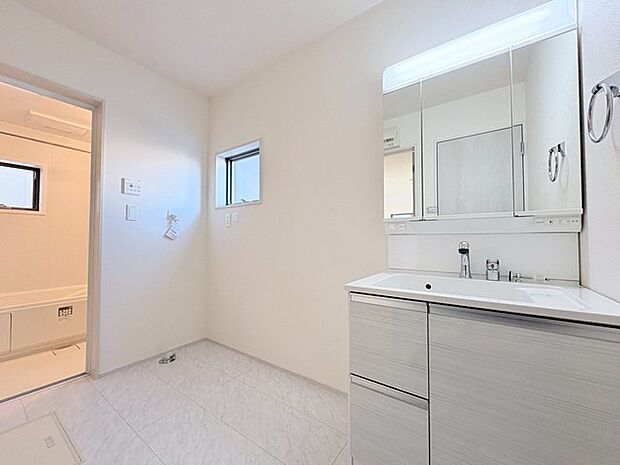 三面鏡にハンドシャワー付き、 使いやすい洗面台。