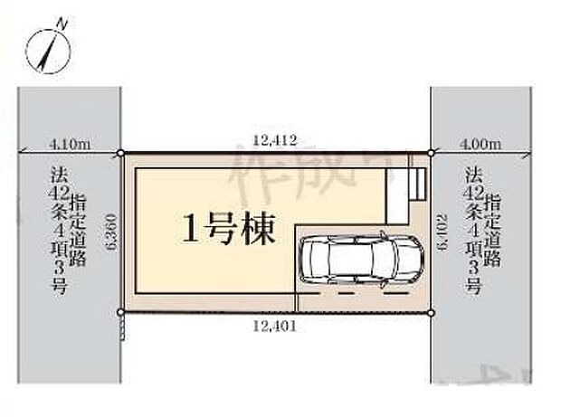 区画図 ※現場は両面道路のように見えますが、東側の道路しか使用できません