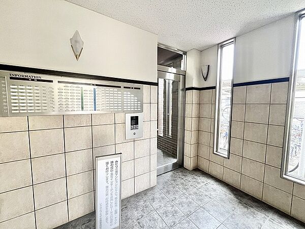 タイル貼りの壁面と整えられた意匠が落ち着いた佇まいを醸す共用エントランス