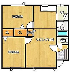 ハピネス三輪4号棟 2LDKの間取り