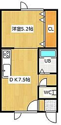 フィールドハウス2 1DKの間取図画像