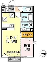 ゼルコヴァ北野 2階1LDKの間取り
