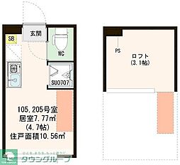 ハーモニーテラス桜上水III 1階ワンルームの間取り