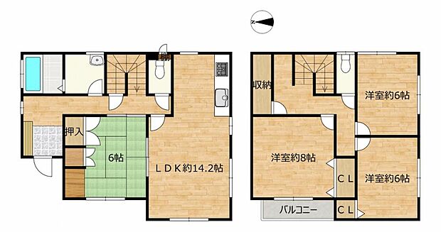 【リフォーム完成間取り図】4LDKの2階建住宅。リビングは約14帖で和室と隣接しており、2階はすべて洋室となっております。2階にもトイレがあり使いやすい間取りとなっております。
