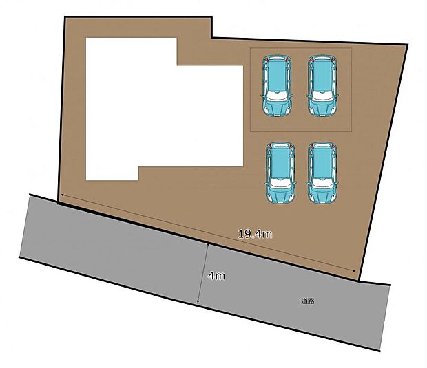 【区画図】普通車4台を駐車することが出来ます。広々としたスペースがあるので楽に駐車できます。