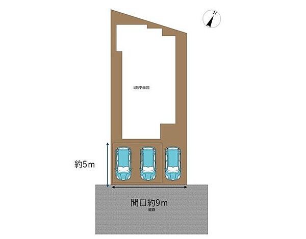 【区画図】並列普通車駐車3台可能です。2台分のカーポート付きです。