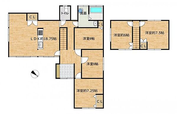 【間取り図】1階は洋室3部屋と約18帖のLDKに間取り変更。2階は洋室2部屋に間取り変更しました。角地のお家です。