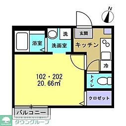 東武野田線 大和田駅 徒歩16分の賃貸アパート 2階1Kの間取り