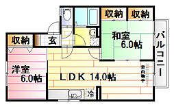 グリーンヒルズ　1号館 2階2LDKの間取り