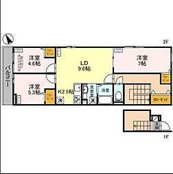 西武新宿線 沼袋駅 徒歩7分の賃貸アパート 2階3LDKの間取り