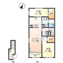 京王線 北野駅 徒歩8分の賃貸アパート 2階2LDKの間取り