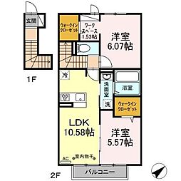 京王高尾線 めじろ台駅 徒歩8分の賃貸アパート 2階2LDKの間取り
