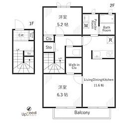 京王高尾線 狭間駅 徒歩18分の賃貸アパート 2階2LDKの間取り