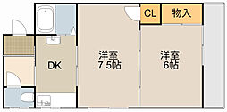 レジデンスパール 2階2DKの間取り