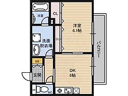 アンスプランドゥール 2階1DKの間取り