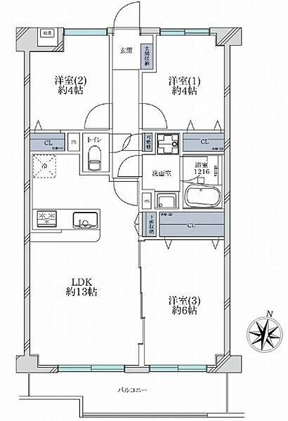専有面積：６５．１０ｍ２　バルコニー面積：７．７８ｍ２　４階南東向き住戸　３ＬＤＫタイプ　新規リノベーション