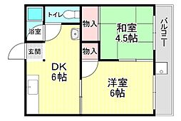 グリーンハイツみのお 2DKの間取図画像