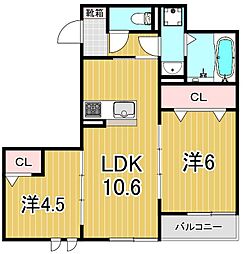 セレスティア西綾瀬 3階2LDKの間取り