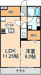サンフレールB 2階1LDKの間取り