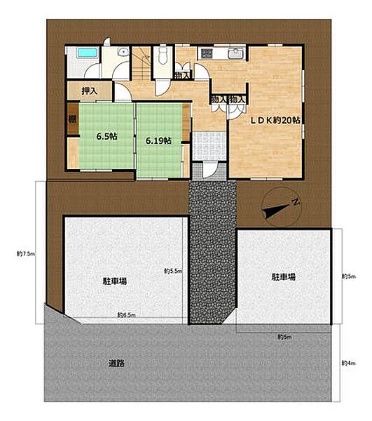 【リフォーム済】外構図です。既存のカーポートに加えて、西側に駐車場2台分拡張を行いました。