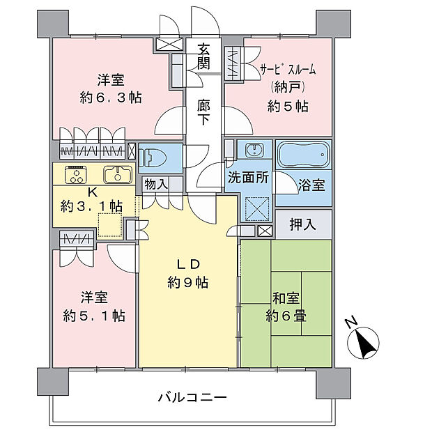 専有面積：74.40?、バルコニー面積：12?の南西向き3SLDK住戸