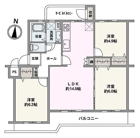暖かな陽光が差し込みやすい南向きの3LDK。全居室収納付きで、住空間を広く使うことができます。玄関のそばに洗面室があるので、帰宅後すぐに手洗いができて衛生的です。