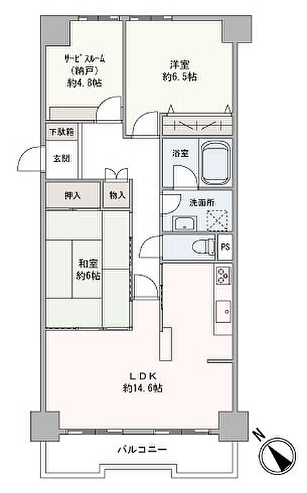 陽当たりを確保しやすい南西向きのバルコニーが設けられた、2LDK+Sの住まい。収納が各所にあるので、居住スペースをすっきりと保つことができます。
