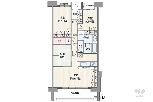間取りは専有面積81.75平米の3LDK。LDK約16.9帖のプラン。全居室はもちろん、室内廊下や洗面室にも収納があります。バルコニー面積は12.06平米です。