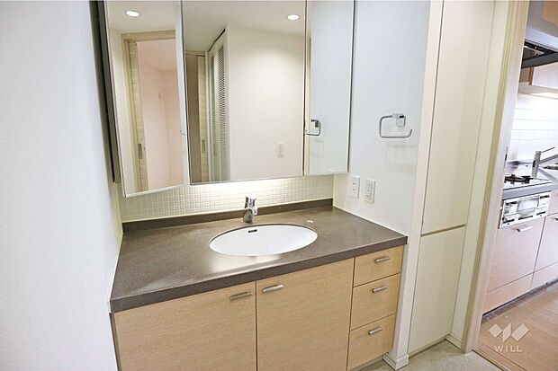 洗面室。三面鏡、引き出し、収納が豊富です。コンセントがあり、身支度に便利です。キッチンにもすぐにアクセス可能！