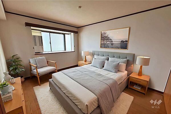 北東側洋室［2026年4月22日撮影］画像は実際の室内に家具・調度品の配置列をCG合成したものです。家具等は販売価格に含まれません。