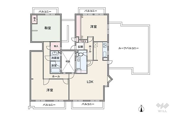 間取りは専有面積151.46平米の3LDK。アウトドアリビングとしても使えるルーフバルコニー付きのプラン。