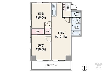 間取りは専有面積51.03平米の2LDK。LDK約12.1帖の縦長リビングのプラン。バルコニー面積は6.5平米です。