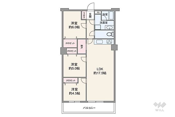 間取りは専有面積77.22平米の3LDK。LDK約17.5帖の縦長リビングのプラン。バルコニー面積は7.13平米です。