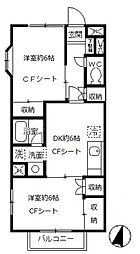 ハスニューハウンB棟 2DKの間取図画像