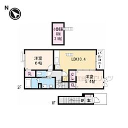 プラシード沖野 2階2LDKの間取り