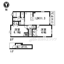 JR東海道・山陽本線 石山駅 バス17分 中千町下車 徒歩5分の賃貸アパート 2階2LDKの間取り