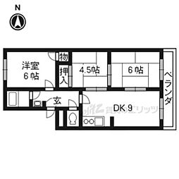 近鉄京都線 富野荘駅 徒歩1分の賃貸マンション 2階3DKの間取り
