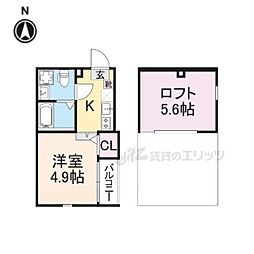 ハーモニーテラス豊後橋町A 2階1Kの間取り