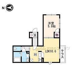 近鉄京都線 久津川駅 徒歩4分の賃貸アパート 1階1LDKの間取り