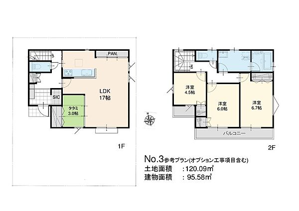 建物プラン例(3号地)4LDK+タタミコーナー、土地価格4690万円、土地面積120.09m2、建物価格1600万円、建物面積95.58m2